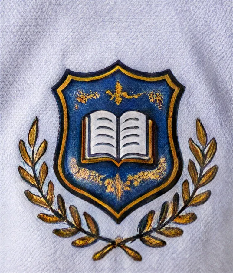 Insignia escolar bordada con hilo dorado y azul