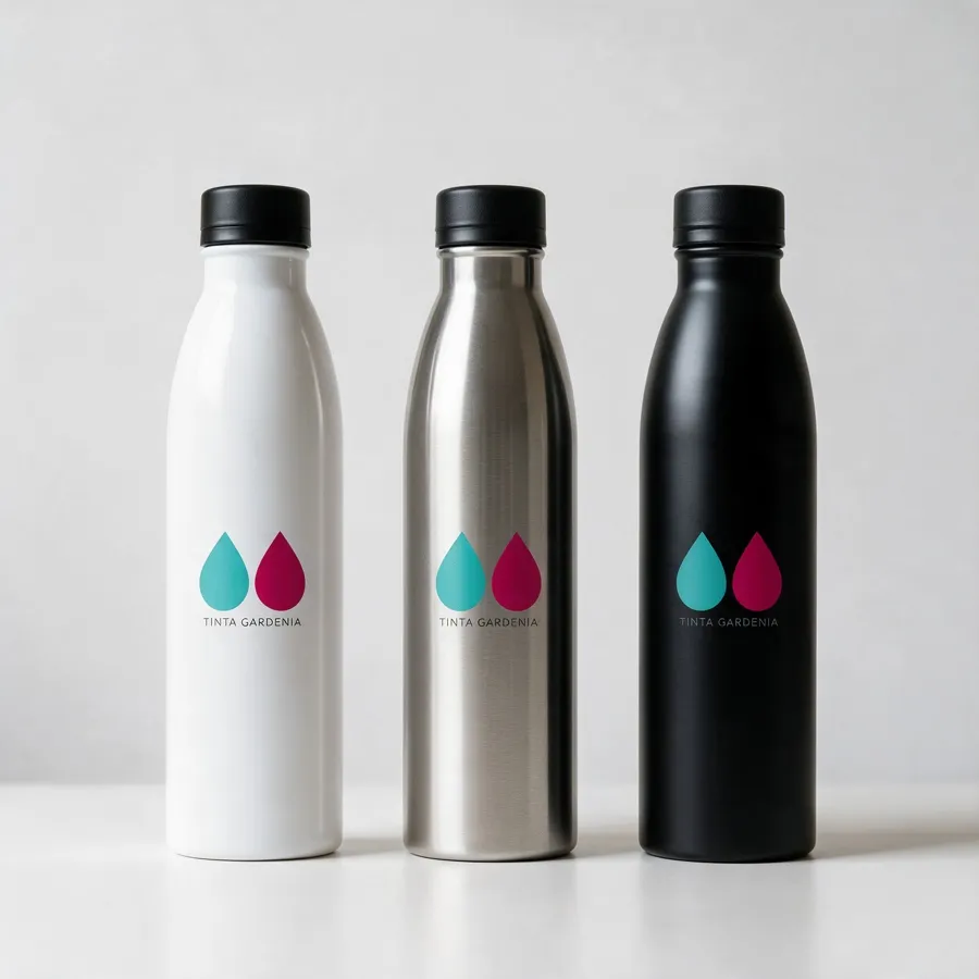 Tres botellas metálicas blanca, plateada y negra con el logo
