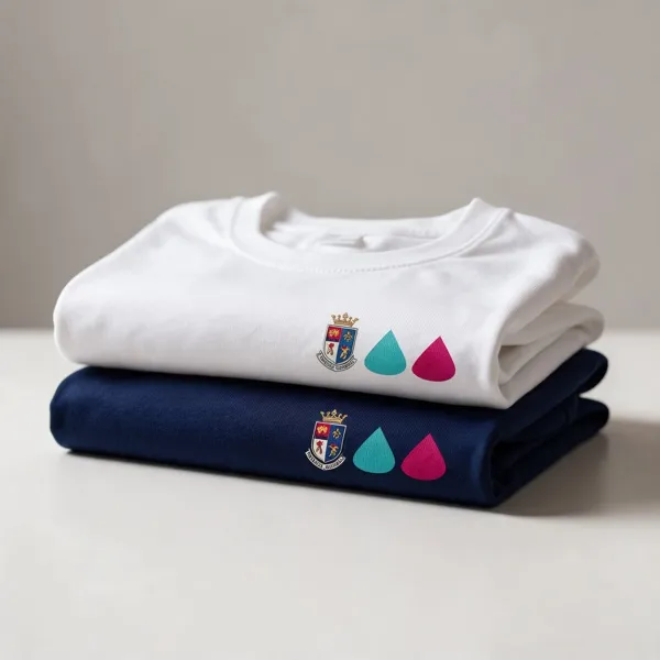 Poleras de gimnasia blanca y azul dobladas con insignia escolar