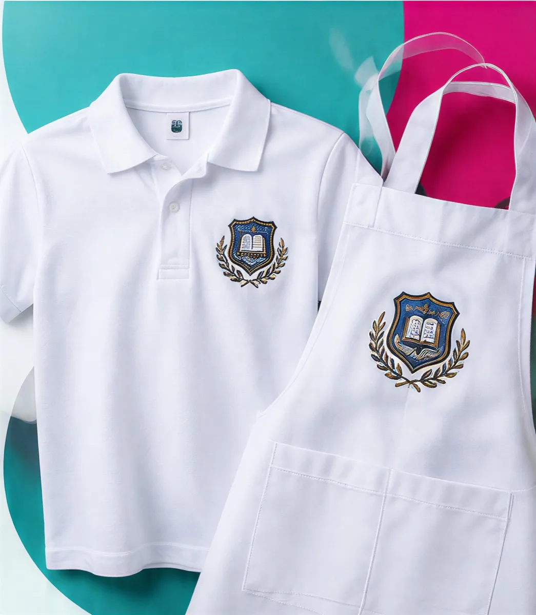 Polera blanca y delantal con insignia bordada