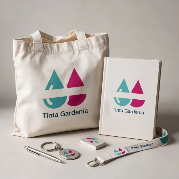 Bolsa de tela, libreta, lápiz, llavero y lanyard con el logo